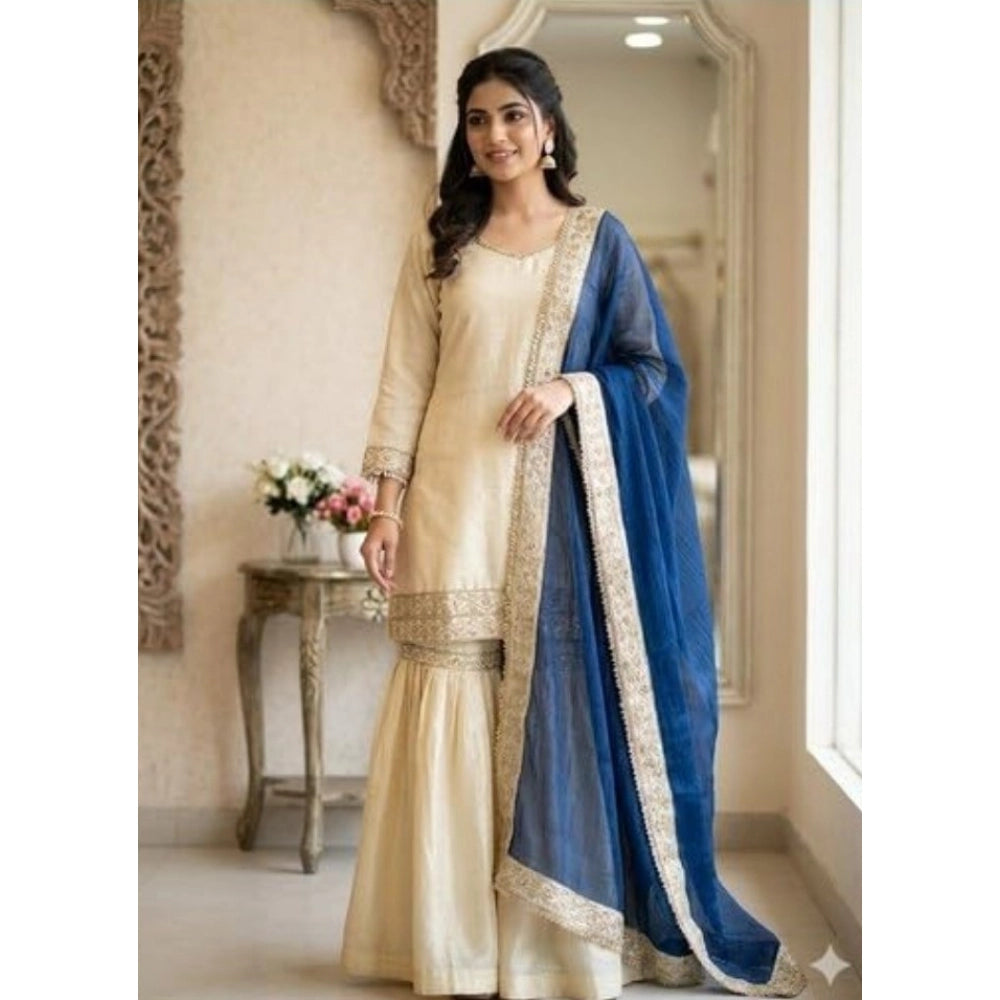 Fashionable Women's Silk Embroidered V Neck Kurti With Sharara Pant and Dupatta Set
