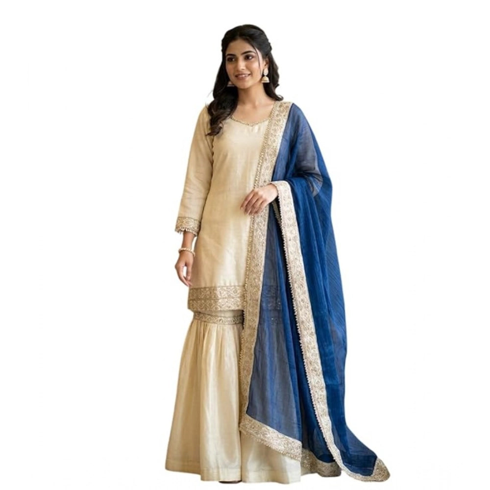 Fashionable Women's Silk Embroidered V Neck Kurti With Sharara Pant and Dupatta Set