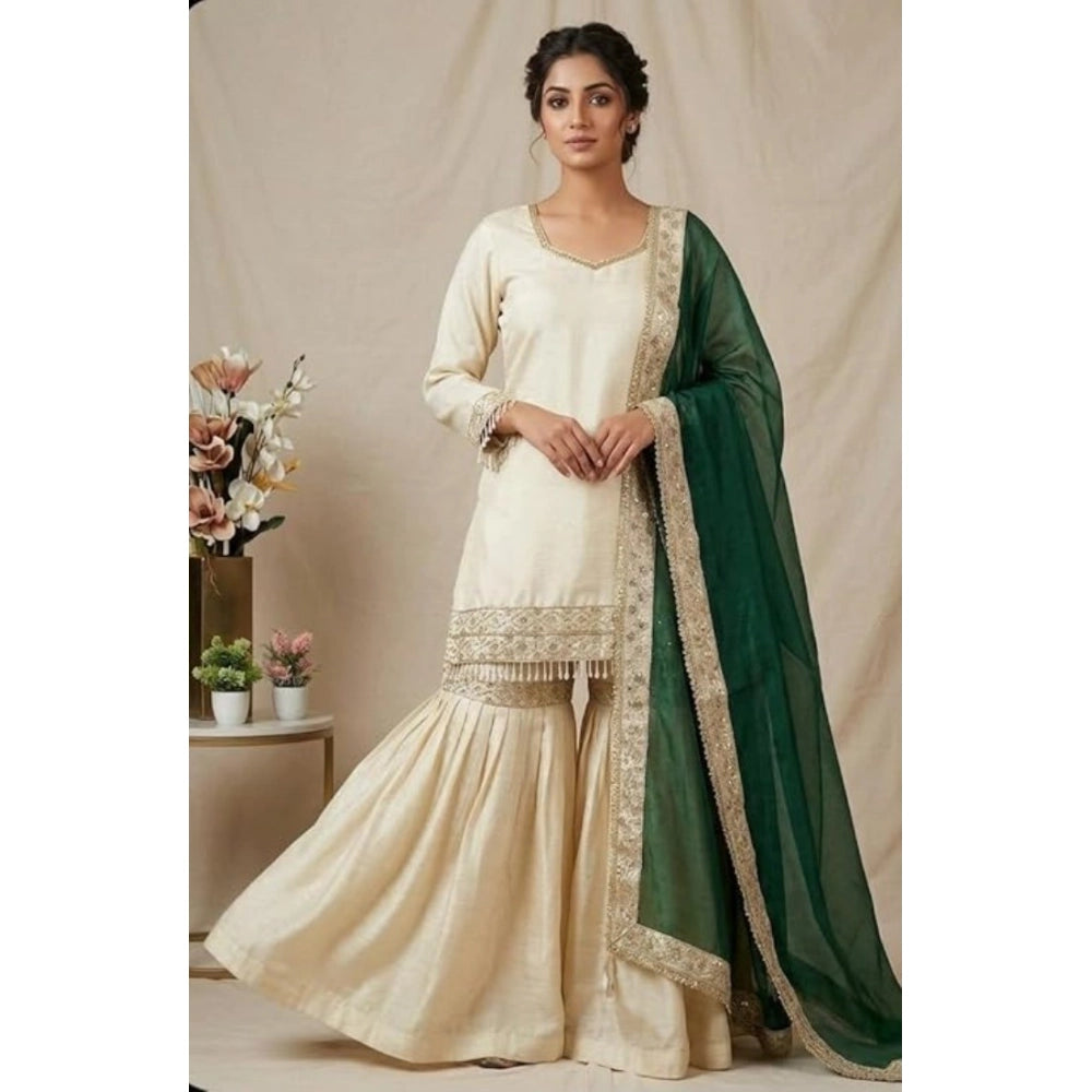 Fashionable Women's Silk Embroidered V Neck Kurti With Sharara Pant and Dupatta Set
