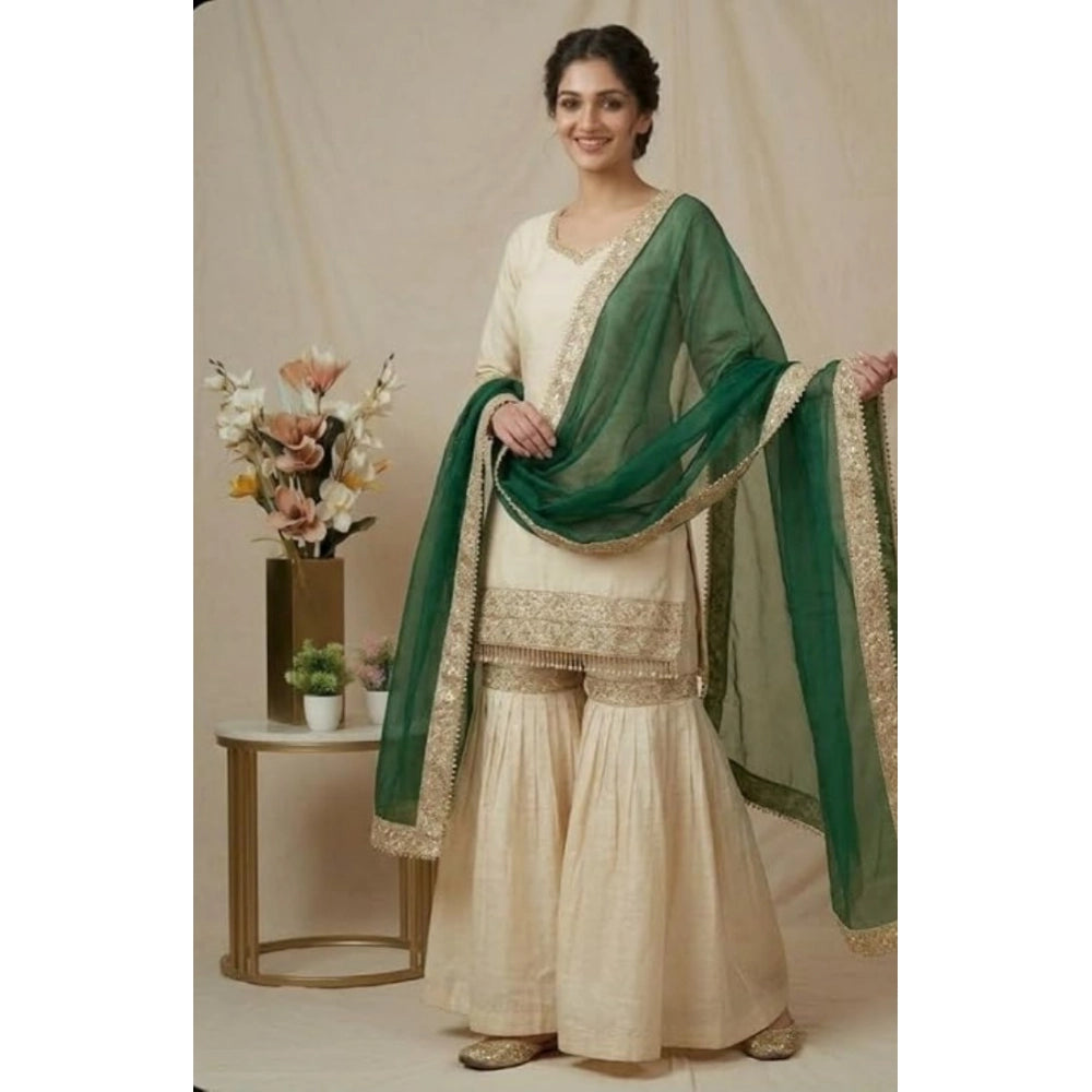 Fashionable Women's Silk Embroidered V Neck Kurti With Sharara Pant and Dupatta Set