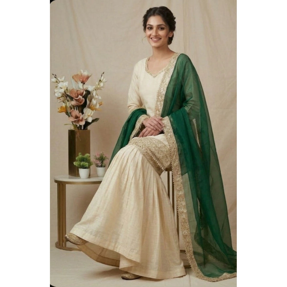 Fashionable Women's Silk Embroidered V Neck Kurti With Sharara Pant and Dupatta Set