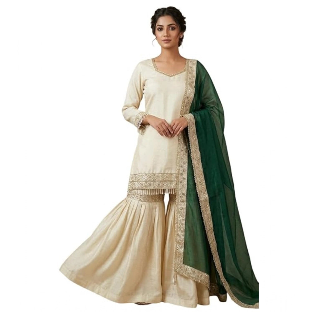 Fashionable Women's Silk Embroidered V Neck Kurti With Sharara Pant and Dupatta Set