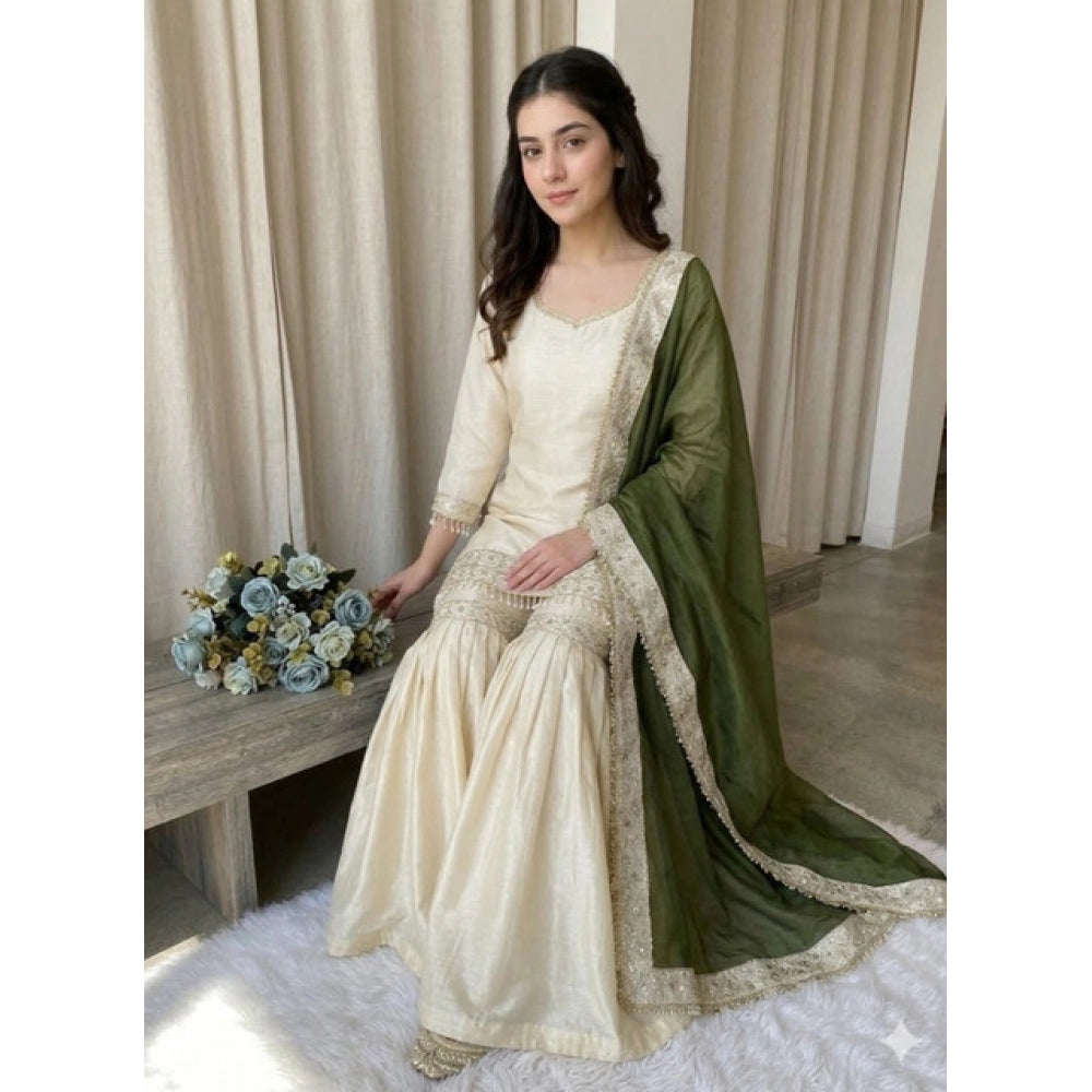 Fashionable Women's Silk Embroidered V Neck Kurti With Sharara Pant and Dupatta Set