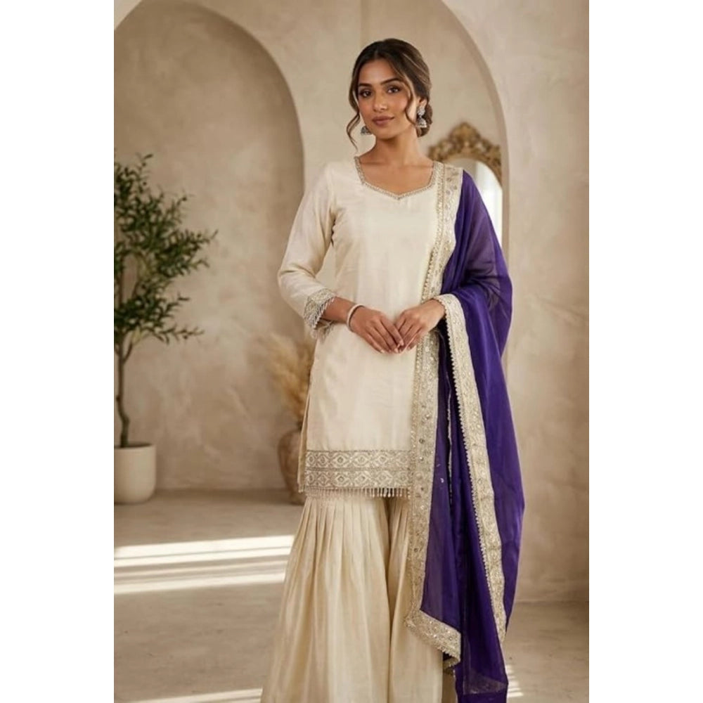 Fashionable Women's Silk Embroidered V Neck Kurti With Sharara Pant and Dupatta Set