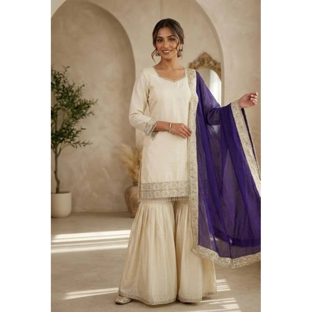 Fashionable Women's Silk Embroidered V Neck Kurti With Sharara Pant and Dupatta Set