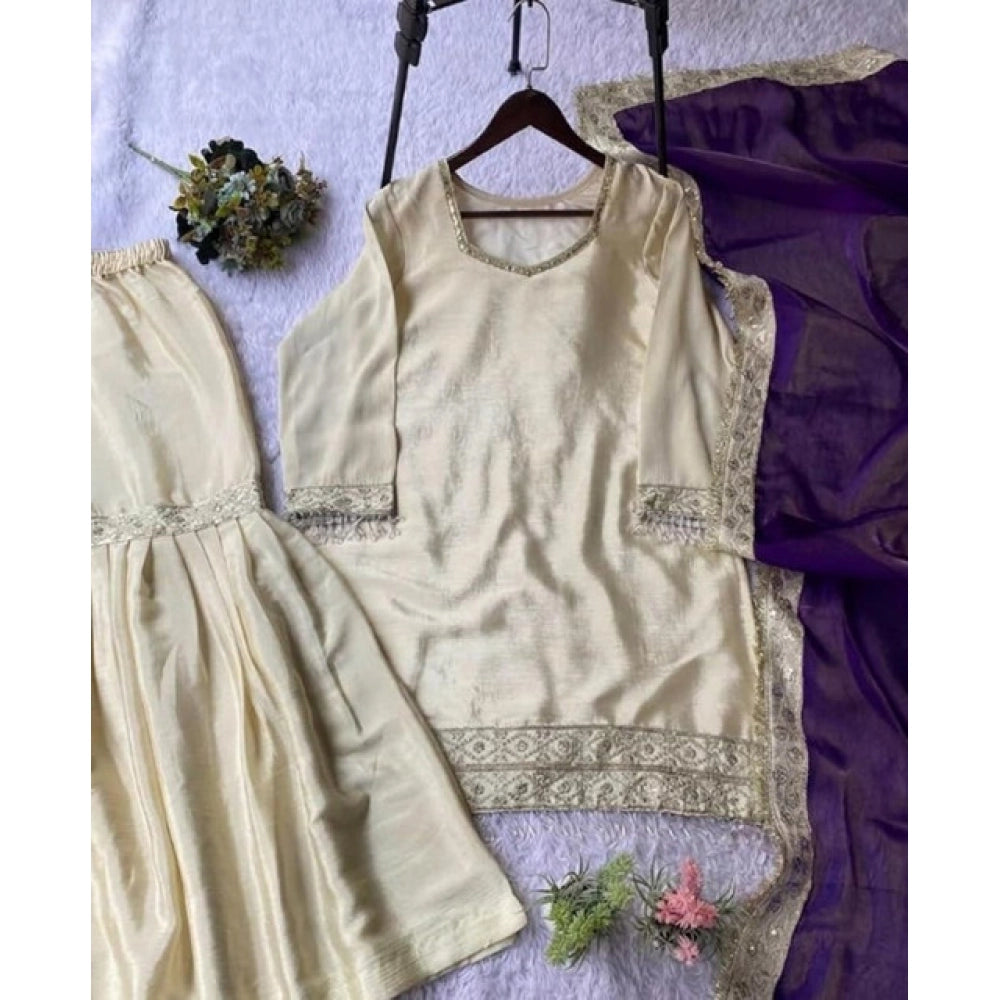 Fashionable Women's Silk Embroidered V Neck Kurti With Sharara Pant and Dupatta Set