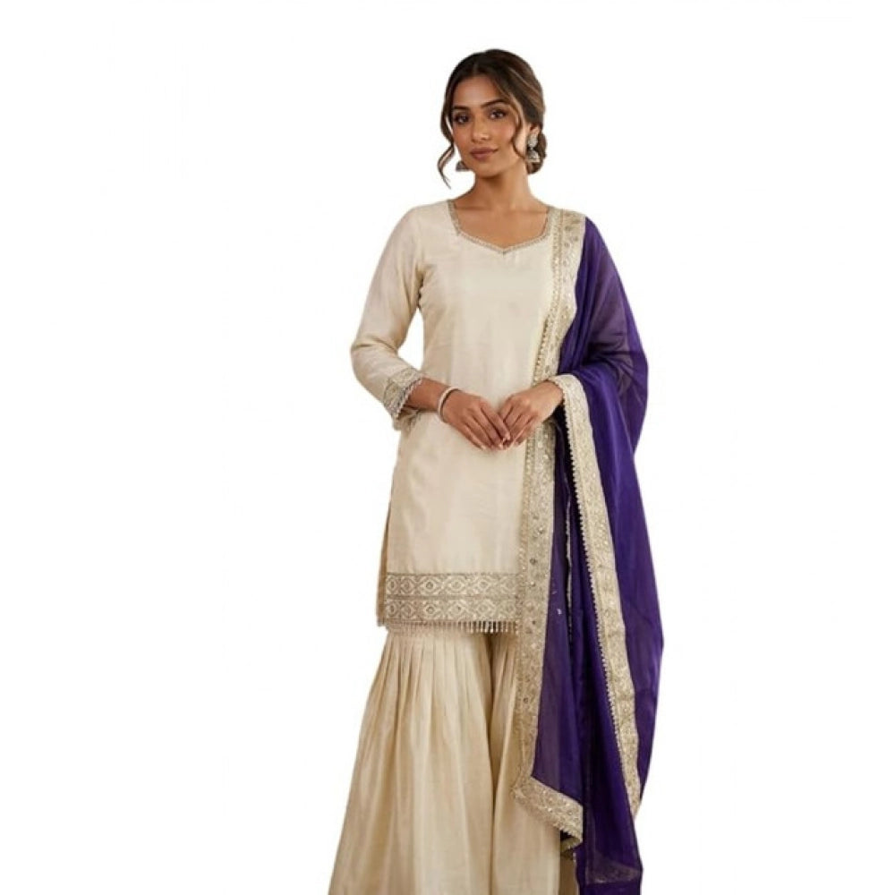 Fashionable Women's Silk Embroidered V Neck Kurti With Sharara Pant and Dupatta Set