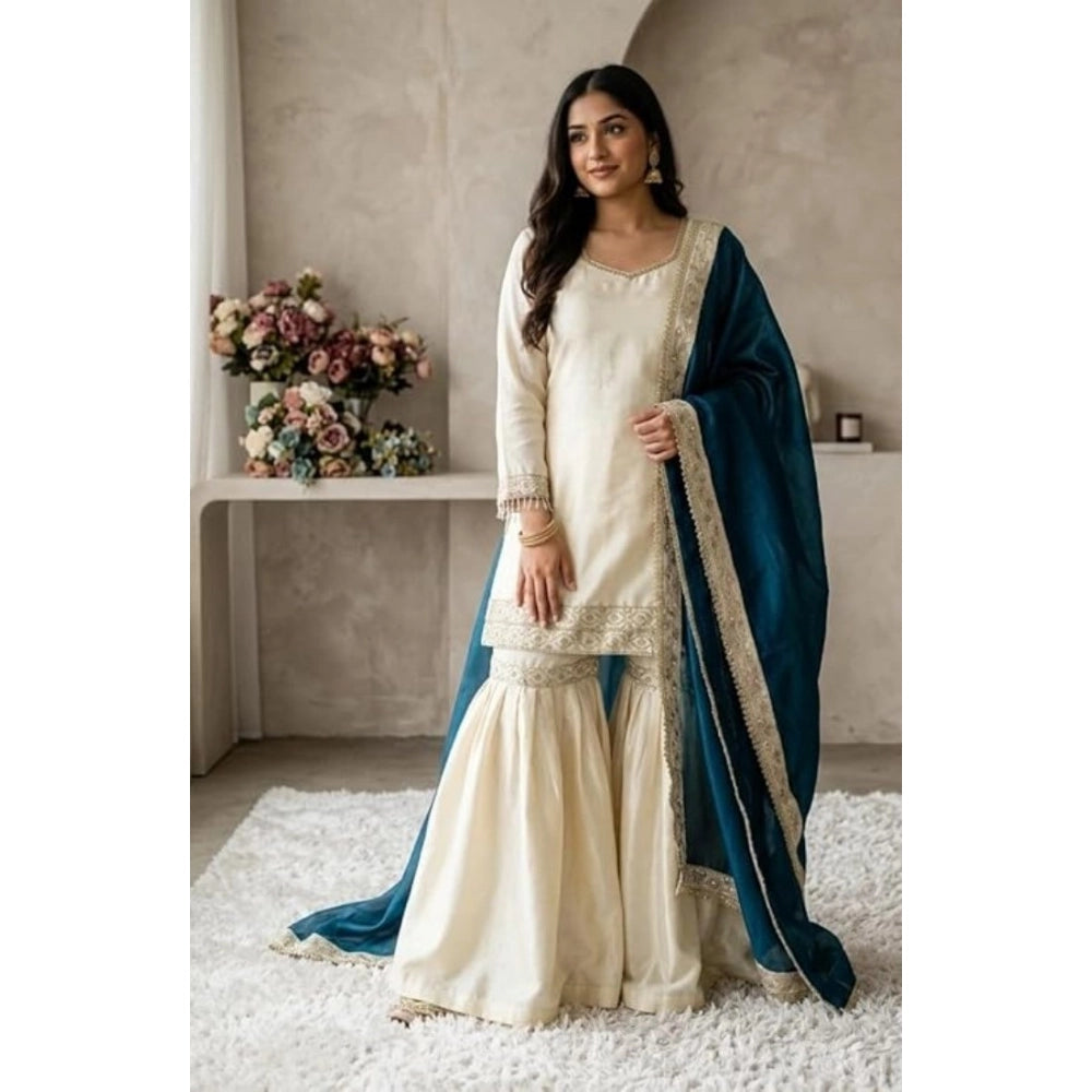 Fashionable Women's Silk Embroidered V Neck Kurti With Sharara Pant and Dupatta Set