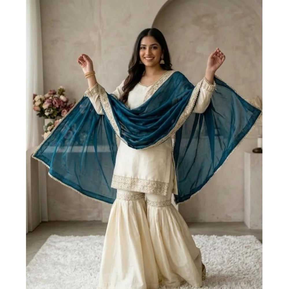 Fashionable Women's Silk Embroidered V Neck Kurti With Sharara Pant and Dupatta Set