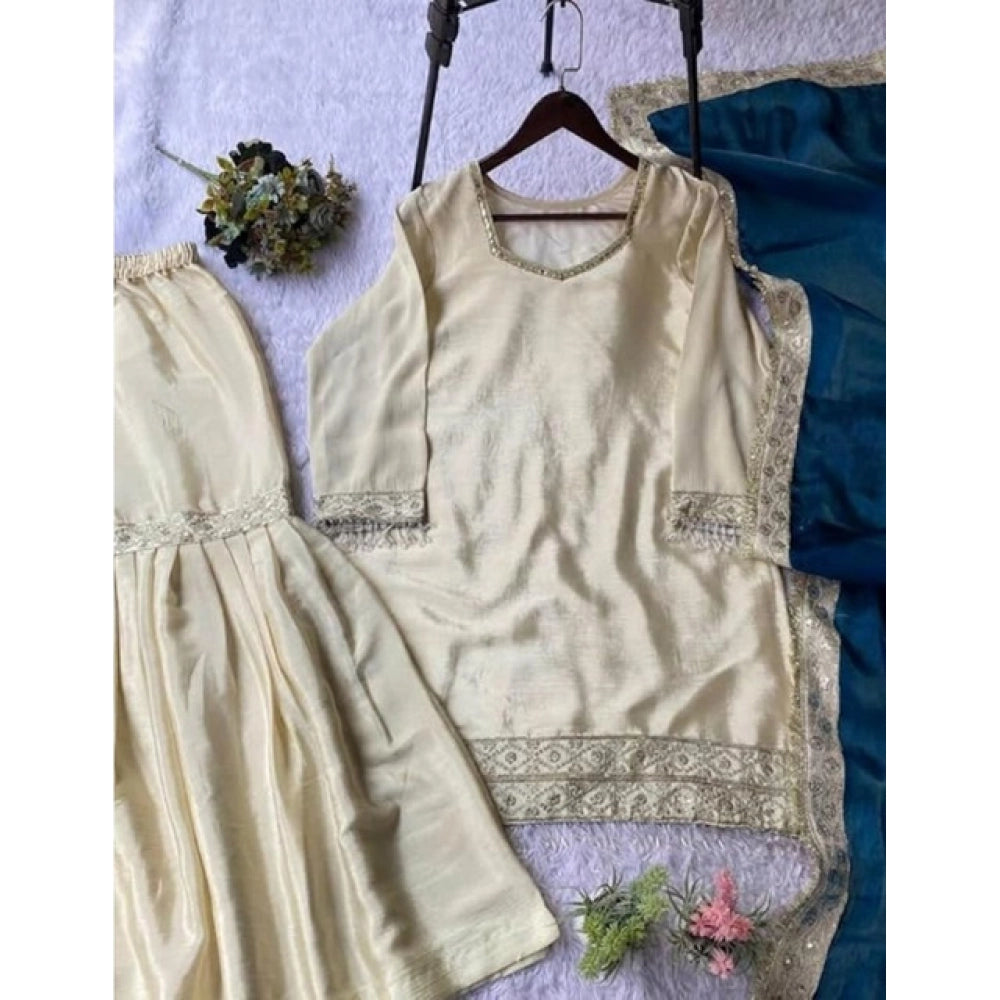 Fashionable Women's Silk Embroidered V Neck Kurti With Sharara Pant and Dupatta Set