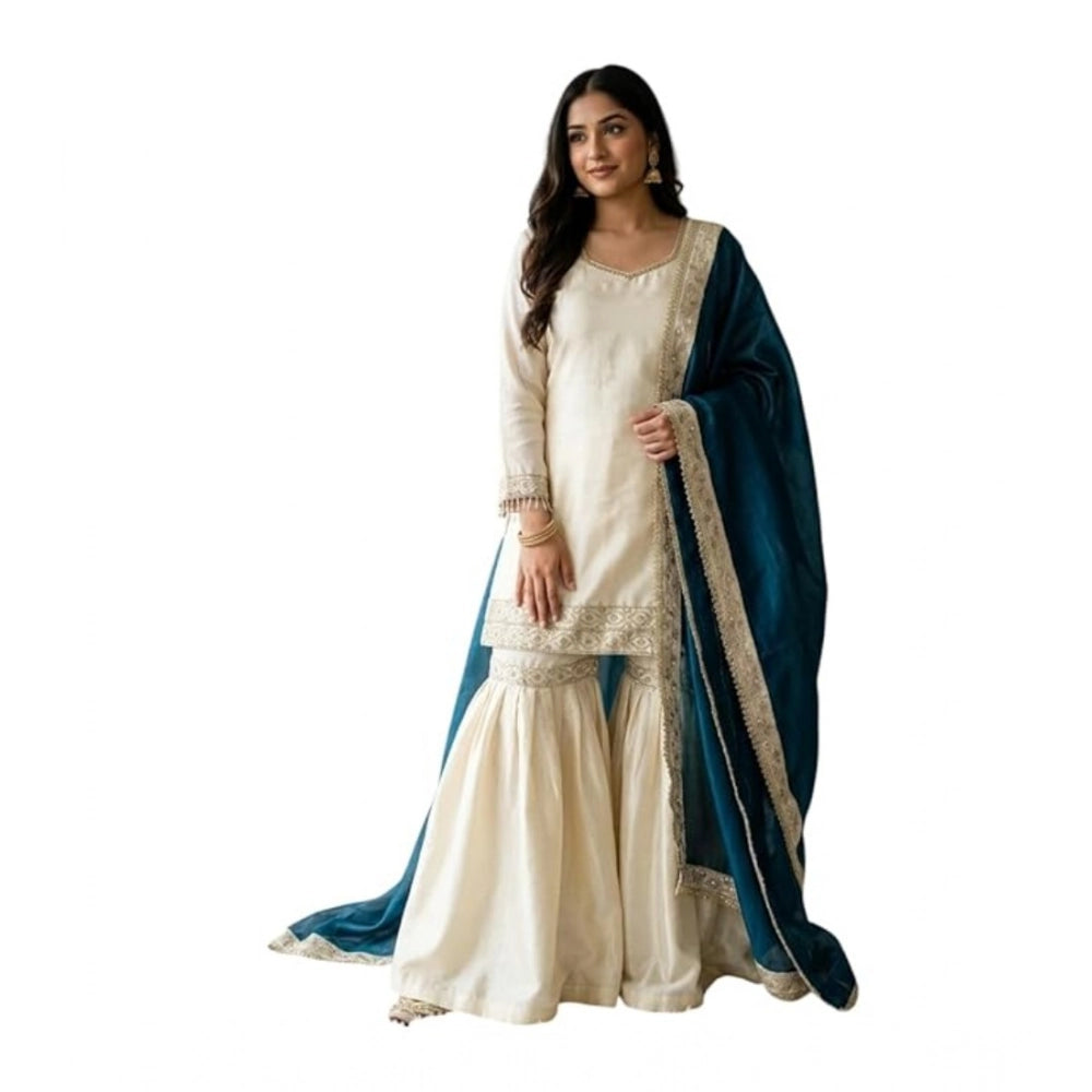 Fashionable Women's Silk Embroidered V Neck Kurti With Sharara Pant and Dupatta Set