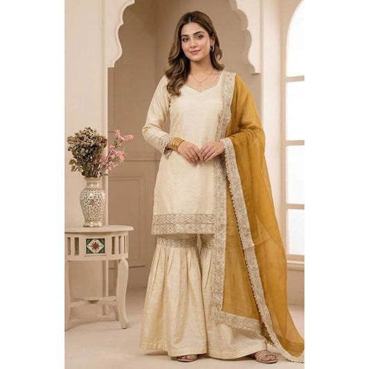 Fashionable Women's Silk Embroidered V Neck Kurti With Sharara Pant and Dupatta Set