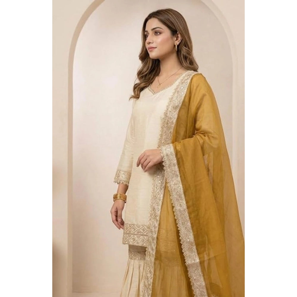 Fashionable Women's Silk Embroidered V Neck Kurti With Sharara Pant and Dupatta Set