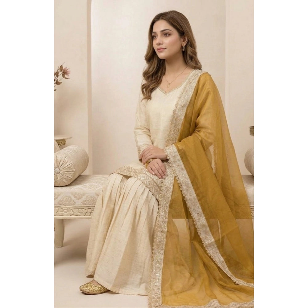 Fashionable Women's Silk Embroidered V Neck Kurti With Sharara Pant and Dupatta Set
