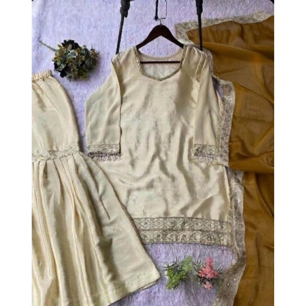 Fashionable Women's Silk Embroidered V Neck Kurti With Sharara Pant and Dupatta Set