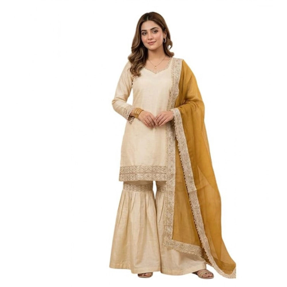 Fashionable Women's Silk Embroidered V Neck Kurti With Sharara Pant and Dupatta Set