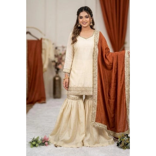 Fashionable Women's Silk Embroidered V Neck Kurti With Sharara Pant and Dupatta Set