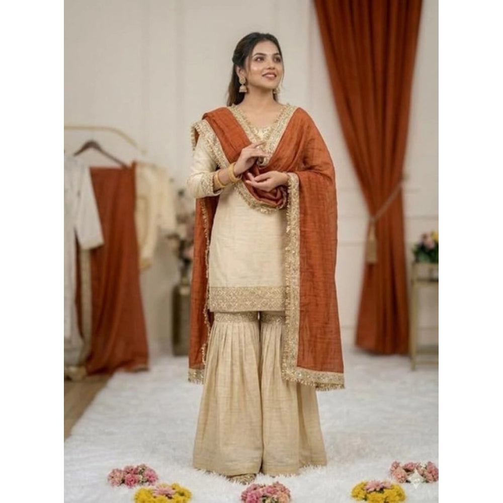Fashionable Women's Silk Embroidered V Neck Kurti With Sharara Pant and Dupatta Set