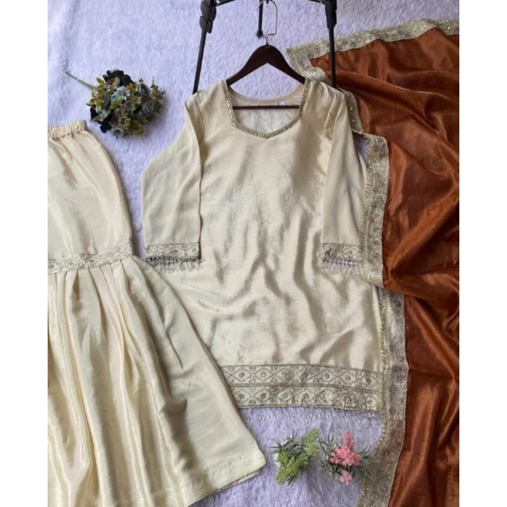 Fashionable Women's Silk Embroidered V Neck Kurti With Sharara Pant and Dupatta Set