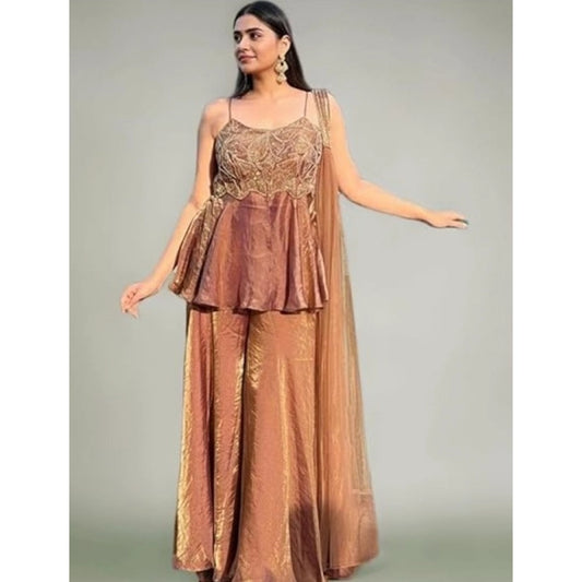 Alluring Women's Silk Embroidered Sleeveless Round Kurti With Palazzo Pant and Dupatta Set