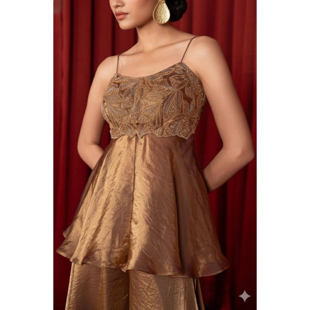 Alluring Women's Silk Embroidered Sleeveless Round Kurti With Palazzo Pant and Dupatta Set