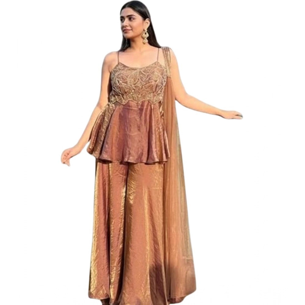Alluring Women's Silk Embroidered Sleeveless Round Kurti With Palazzo Pant and Dupatta Set