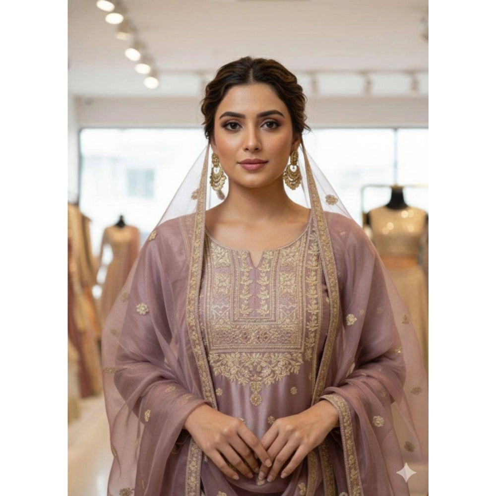 Alluring Women's Silk Embroidered Round Kurti With Sharara Pant and Dupatta Set