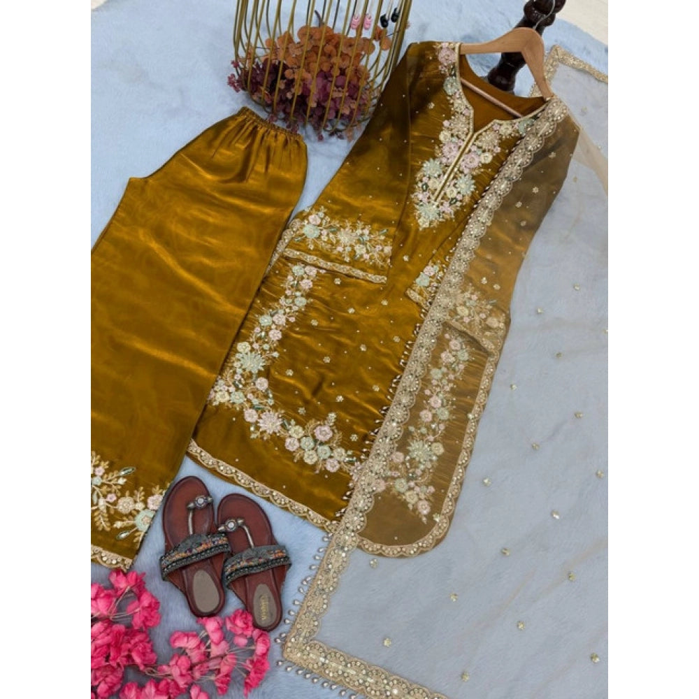 Elegant Women's Silk Embroidered Round Kurti With Palazzo Pant and Dupatta Set