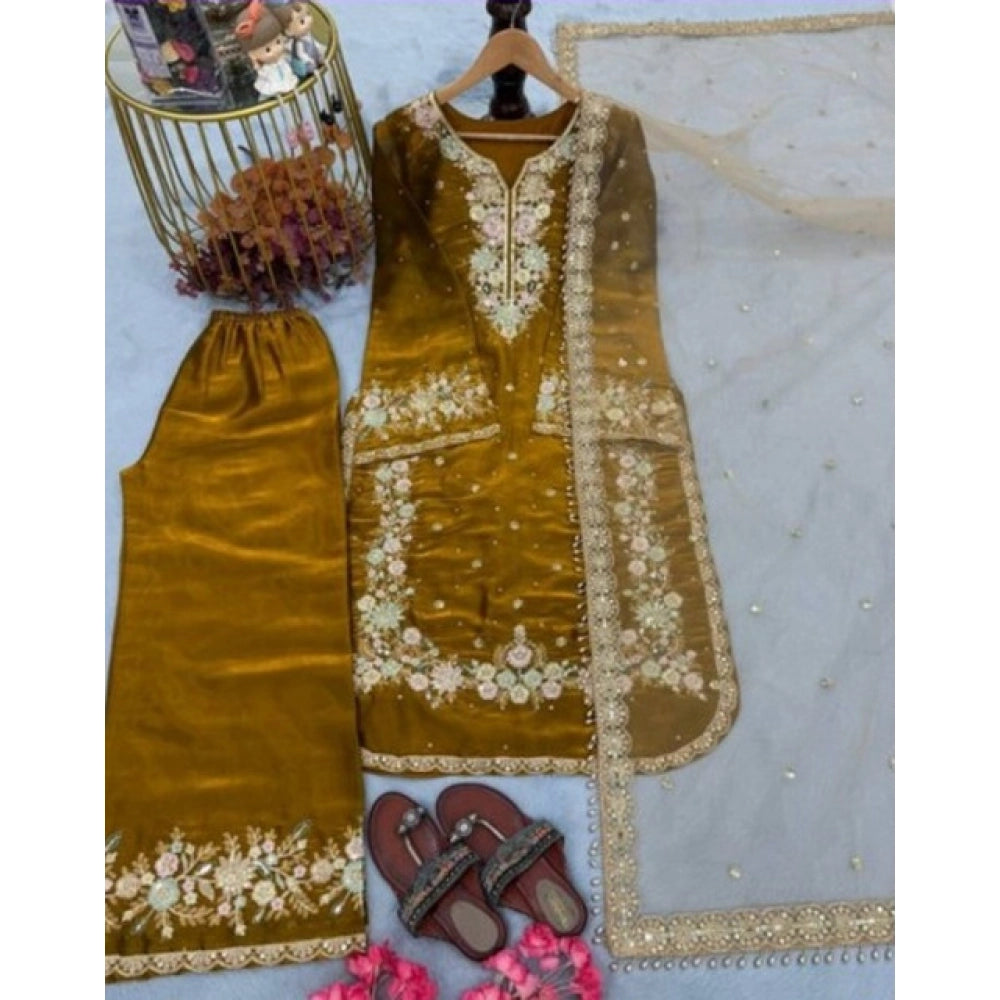 Elegant Women's Silk Embroidered Round Kurti With Palazzo Pant and Dupatta Set