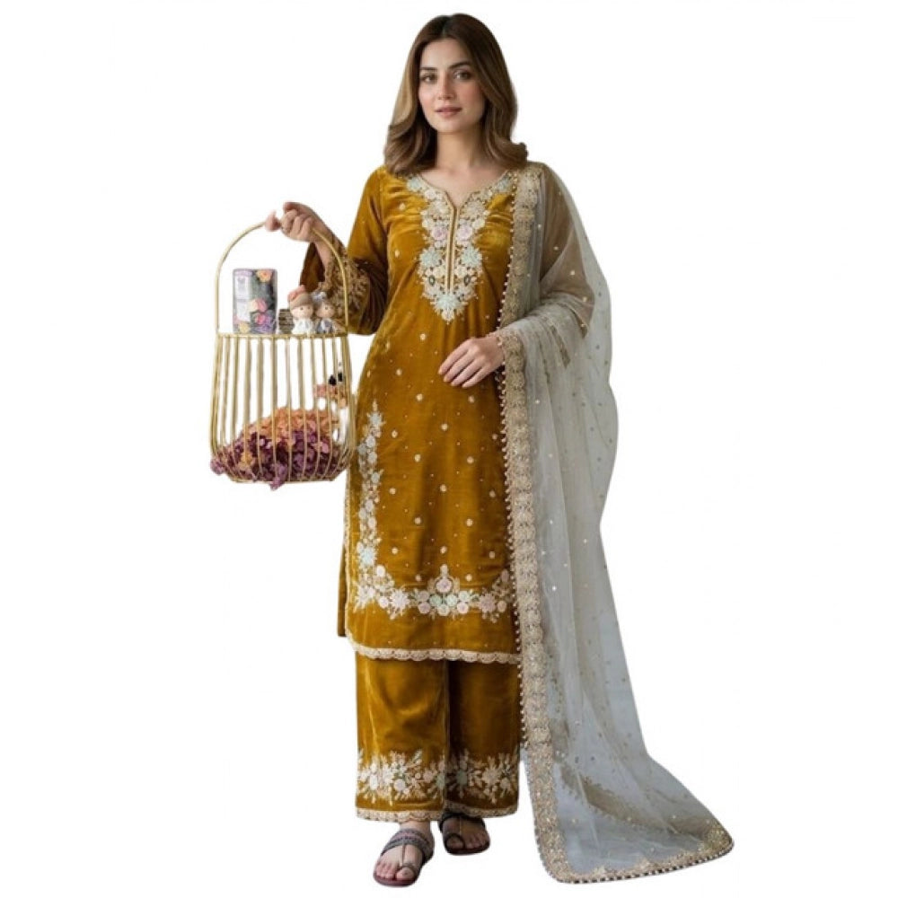 Elegant Women's Silk Embroidered Round Kurti With Palazzo Pant and Dupatta Set