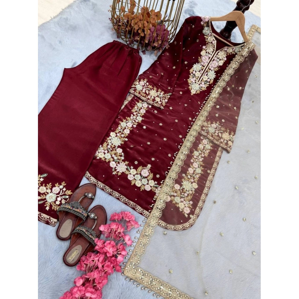 Elegant Women's Silk Embroidered Round Kurti With Palazzo Pant and Dupatta Set