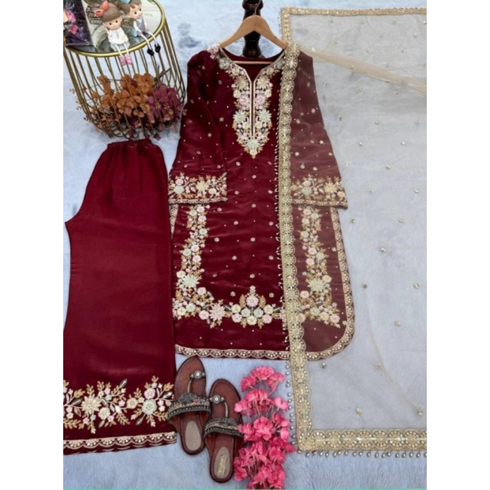 Elegant Women's Silk Embroidered Round Kurti With Palazzo Pant and Dupatta Set