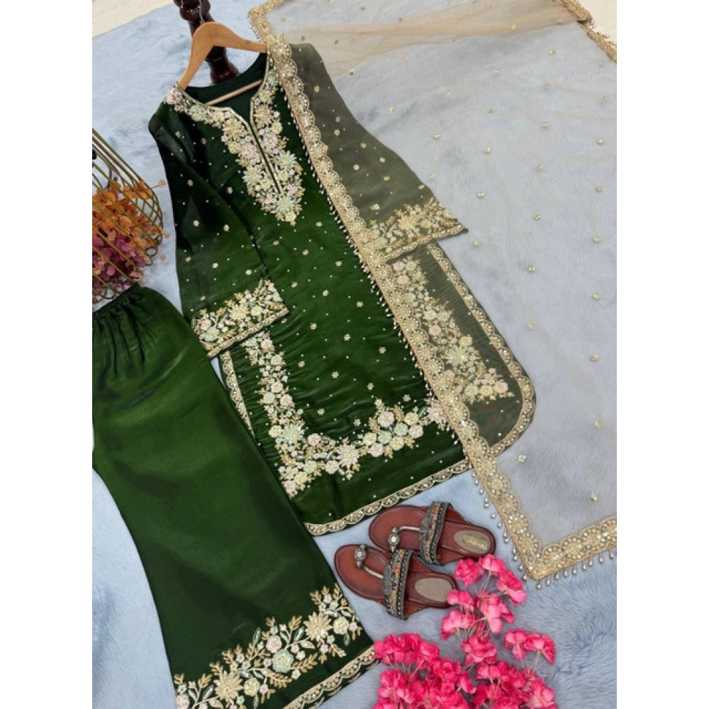 Elegant Women's Silk Embroidered Round Kurti With Palazzo Pant and Dupatta Set