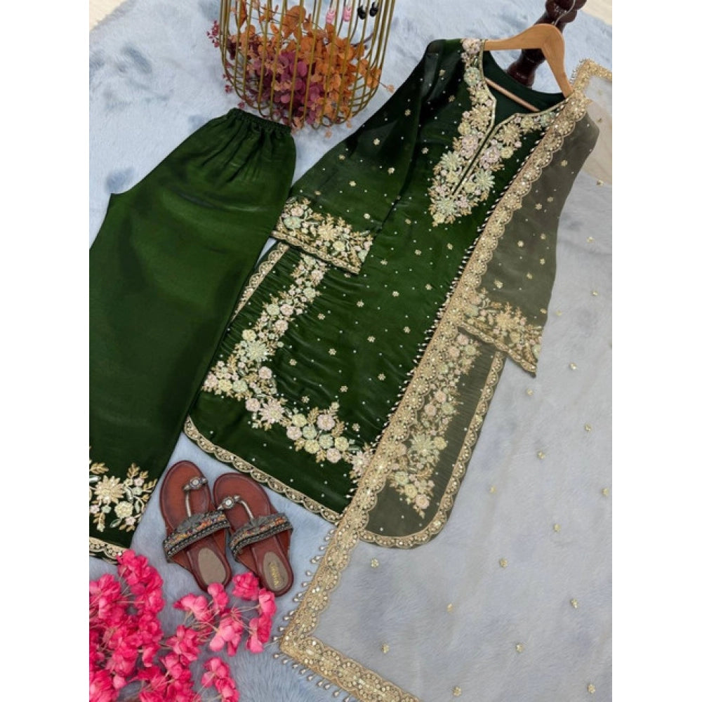 Elegant Women's Silk Embroidered Round Kurti With Palazzo Pant and Dupatta Set