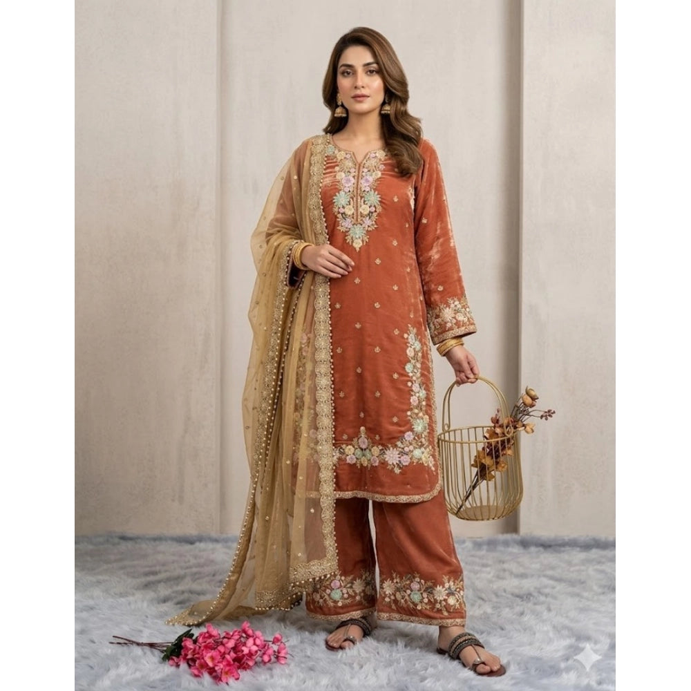 Elegant Women's Silk Embroidered Round Kurti With Palazzo Pant and Dupatta Set