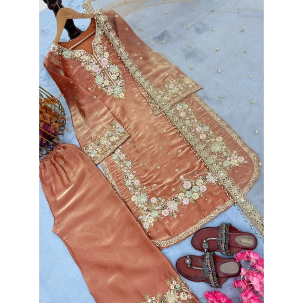 Elegant Women's Silk Embroidered Round Kurti With Palazzo Pant and Dupatta Set
