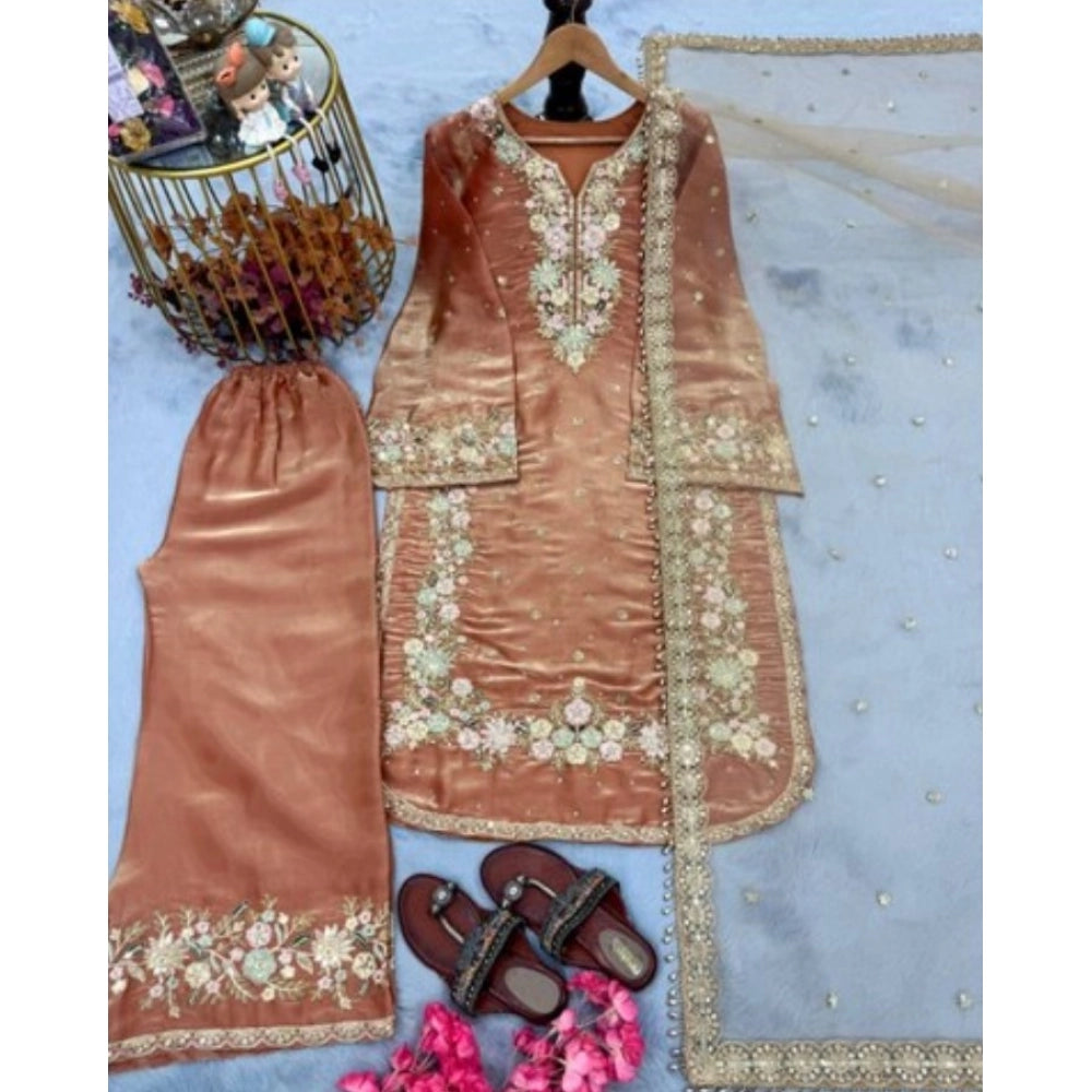 Elegant Women's Silk Embroidered Round Kurti With Palazzo Pant and Dupatta Set