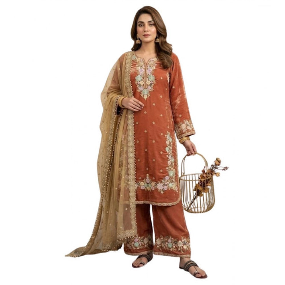 Elegant Women's Silk Embroidered Round Kurti With Palazzo Pant and Dupatta Set