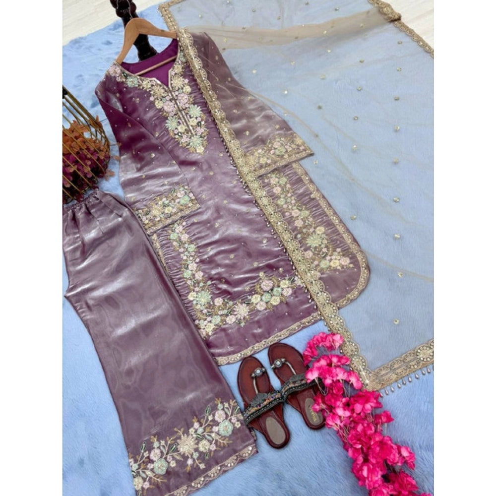 Elegant Women's Silk Embroidered Round Kurti With Palazzo Pant and Dupatta Set