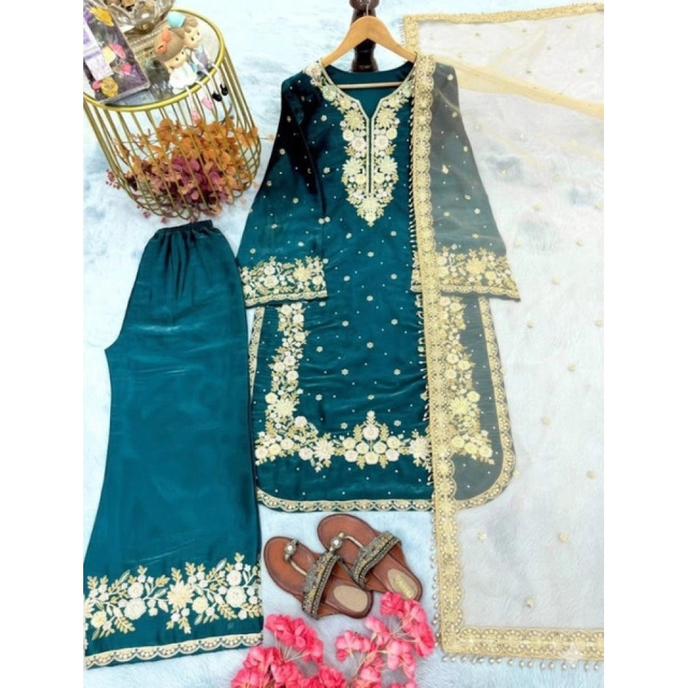 Elegant Women's Silk Embroidered Round Kurti With Palazzo Pant and Dupatta Set