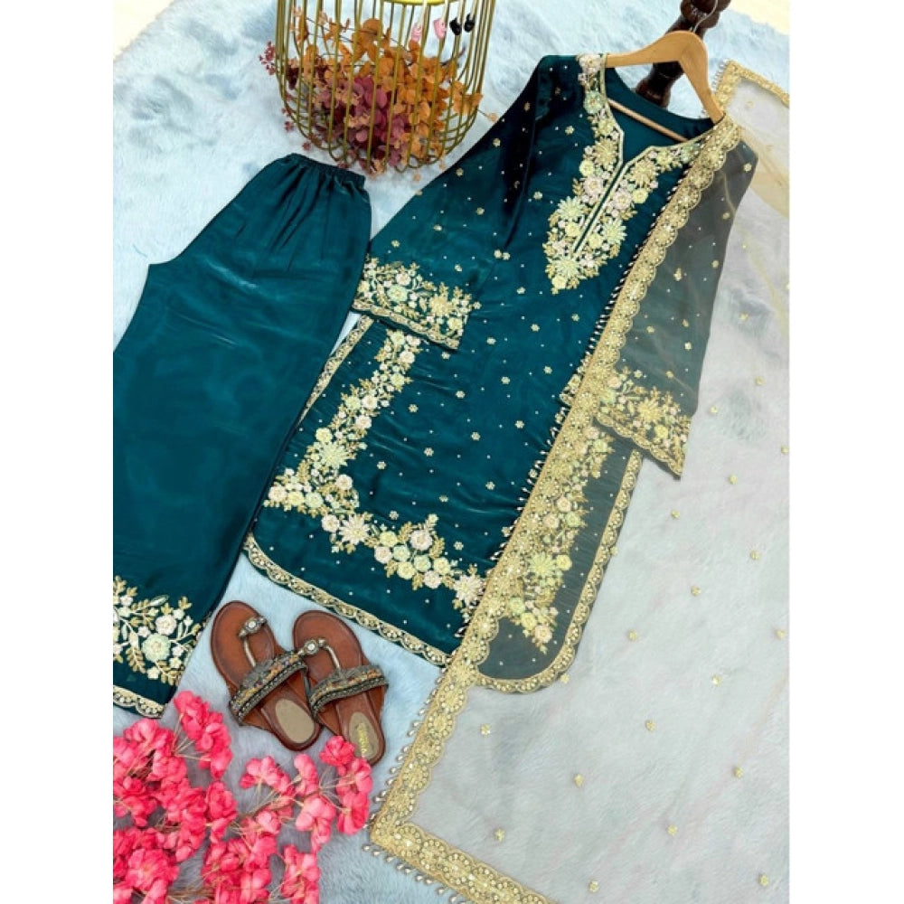 Elegant Women's Silk Embroidered Round Kurti With Palazzo Pant and Dupatta Set