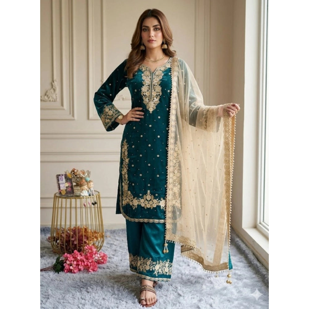 Elegant Women's Silk Embroidered Round Kurti With Palazzo Pant and Dupatta Set