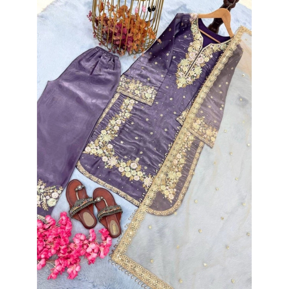 Elegant Women's Silk Embroidered Round Kurti With Palazzo Pant and Dupatta Set