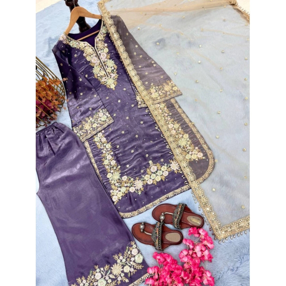Elegant Women's Silk Embroidered Round Kurti With Palazzo Pant and Dupatta Set