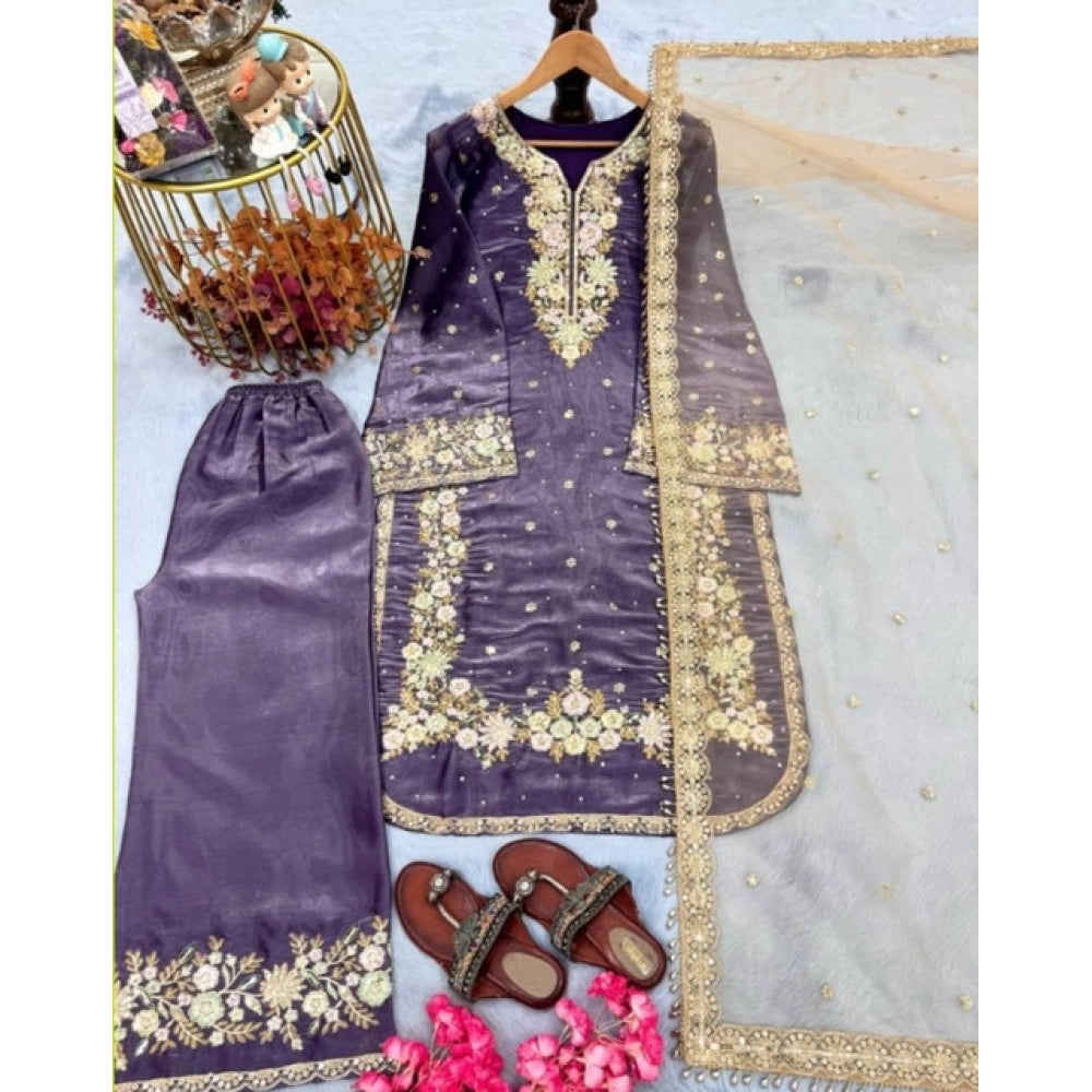 Elegant Women's Silk Embroidered Round Kurti With Palazzo Pant and Dupatta Set