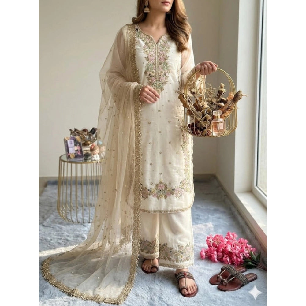 Elegant Women's Silk Embroidered Round Kurti With Palazzo Pant and Dupatta Set