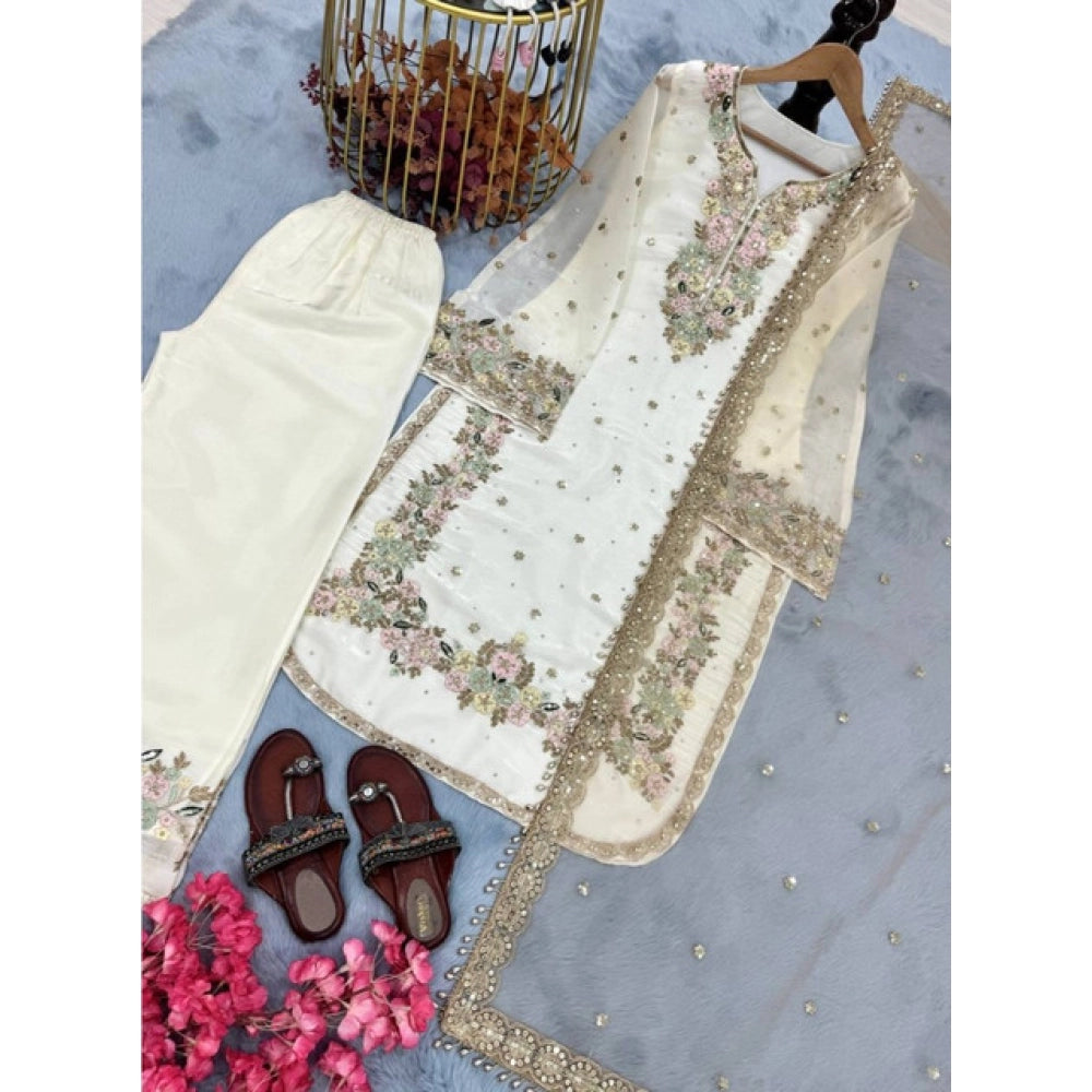 Elegant Women's Silk Embroidered Round Kurti With Palazzo Pant and Dupatta Set