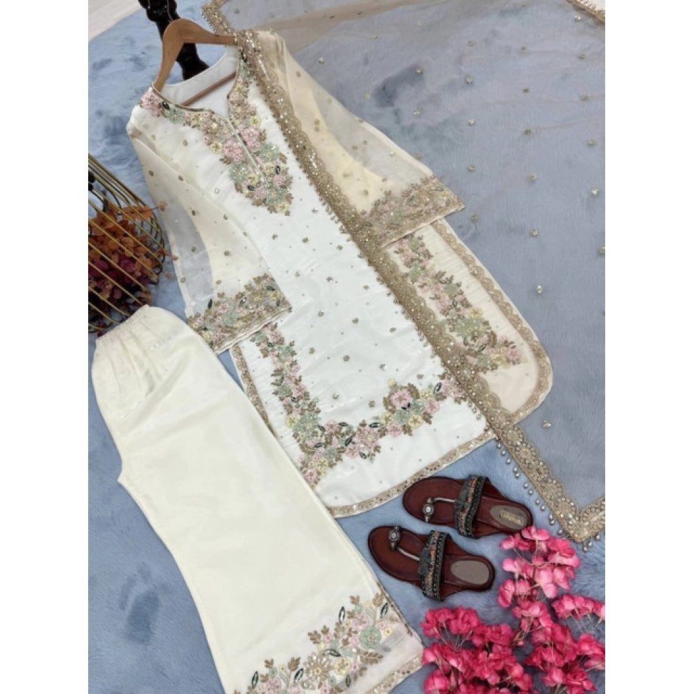 Elegant Women's Silk Embroidered Round Kurti With Palazzo Pant and Dupatta Set