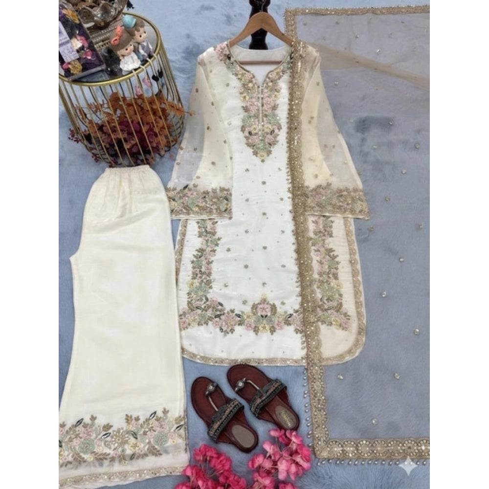 Elegant Women's Silk Embroidered Round Kurti With Palazzo Pant and Dupatta Set