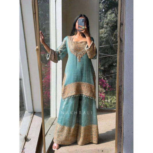 Elegant Women's Silk Embroidered Round Kurti With Sharara Pant and Dupatta Set